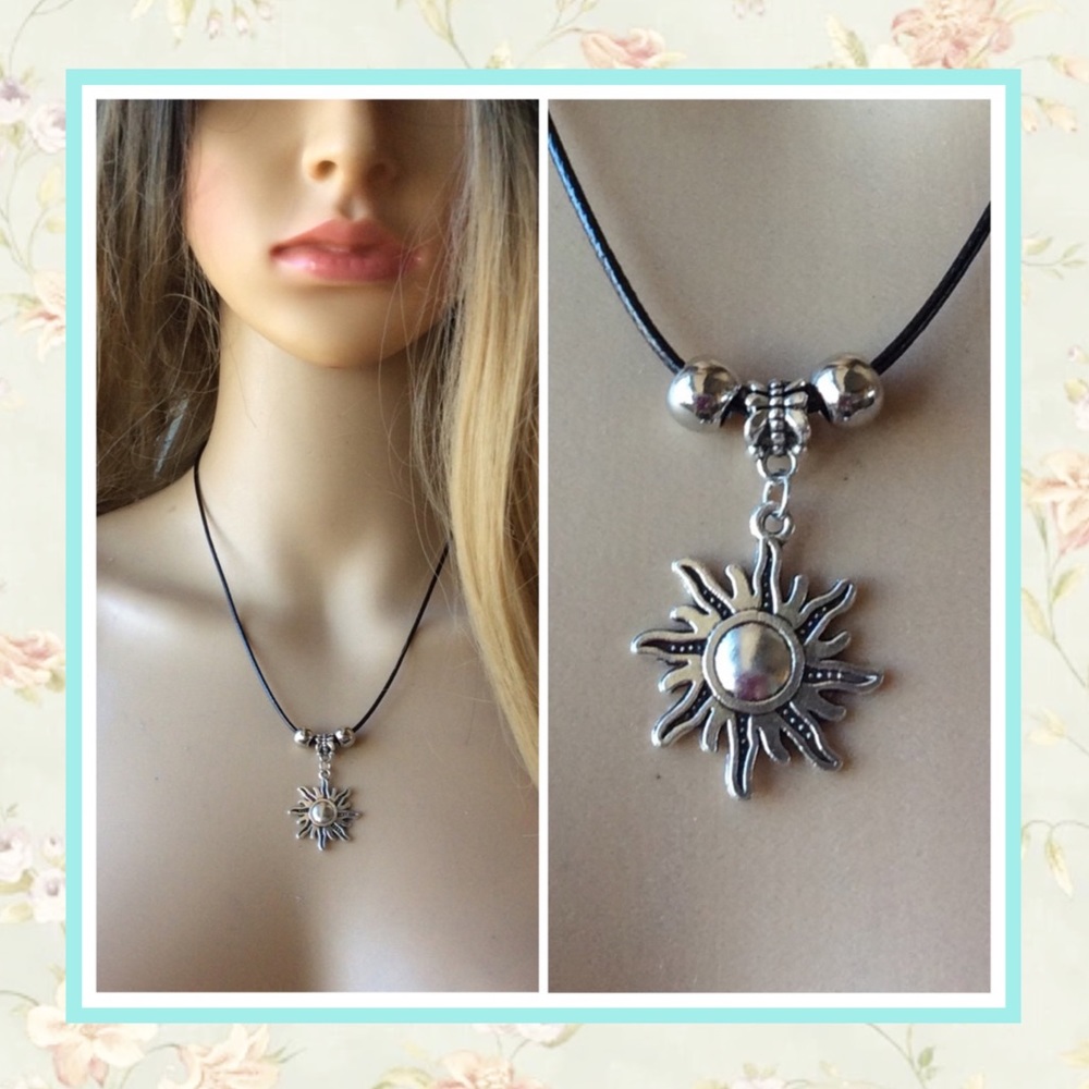🌸SUN NECKLACE BEADS BLACK LEATHER ADJUSTABLE BOHO CHIC BOHEMIAN GYPSY SILVER